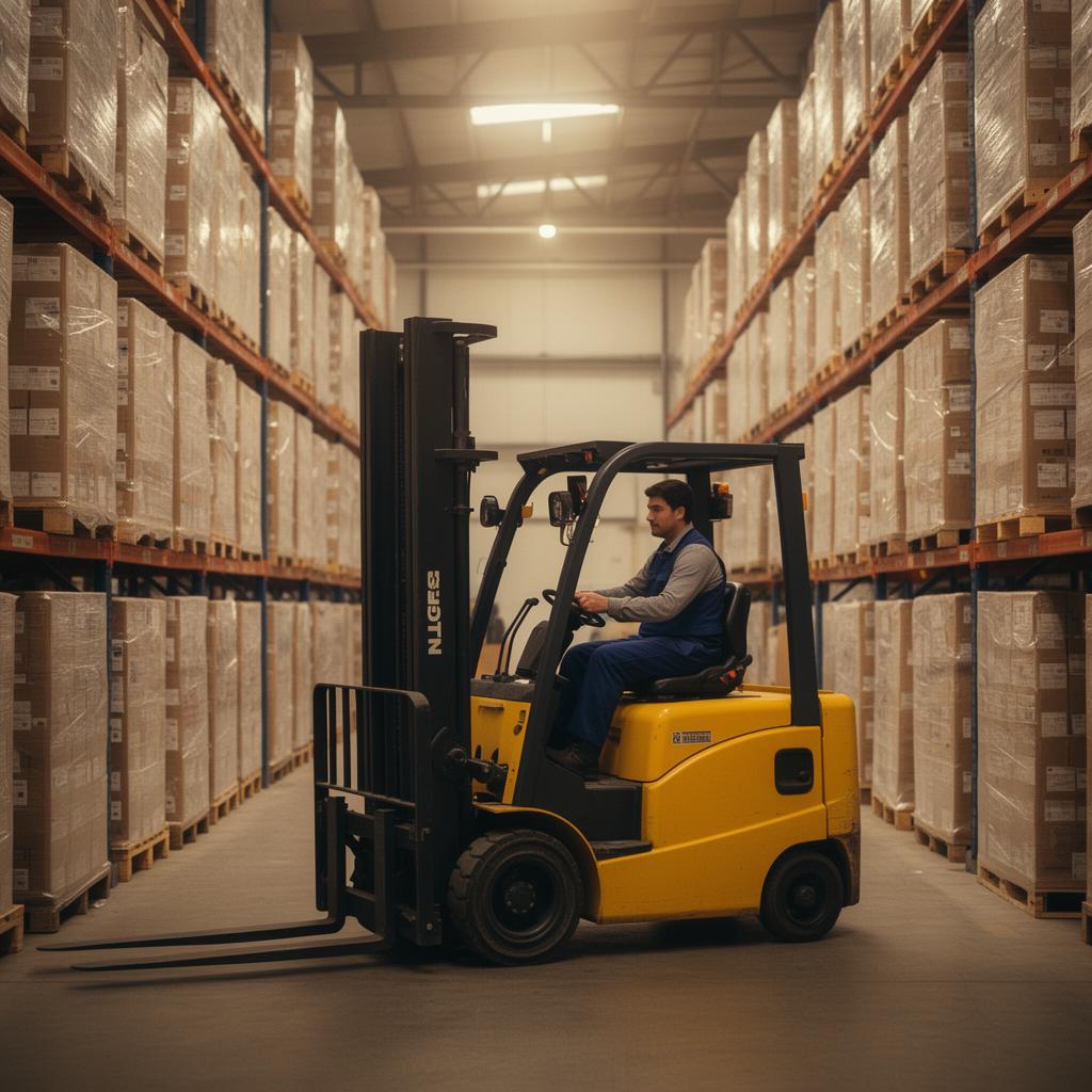 Forklift operating in a well-organized warehouse aisle