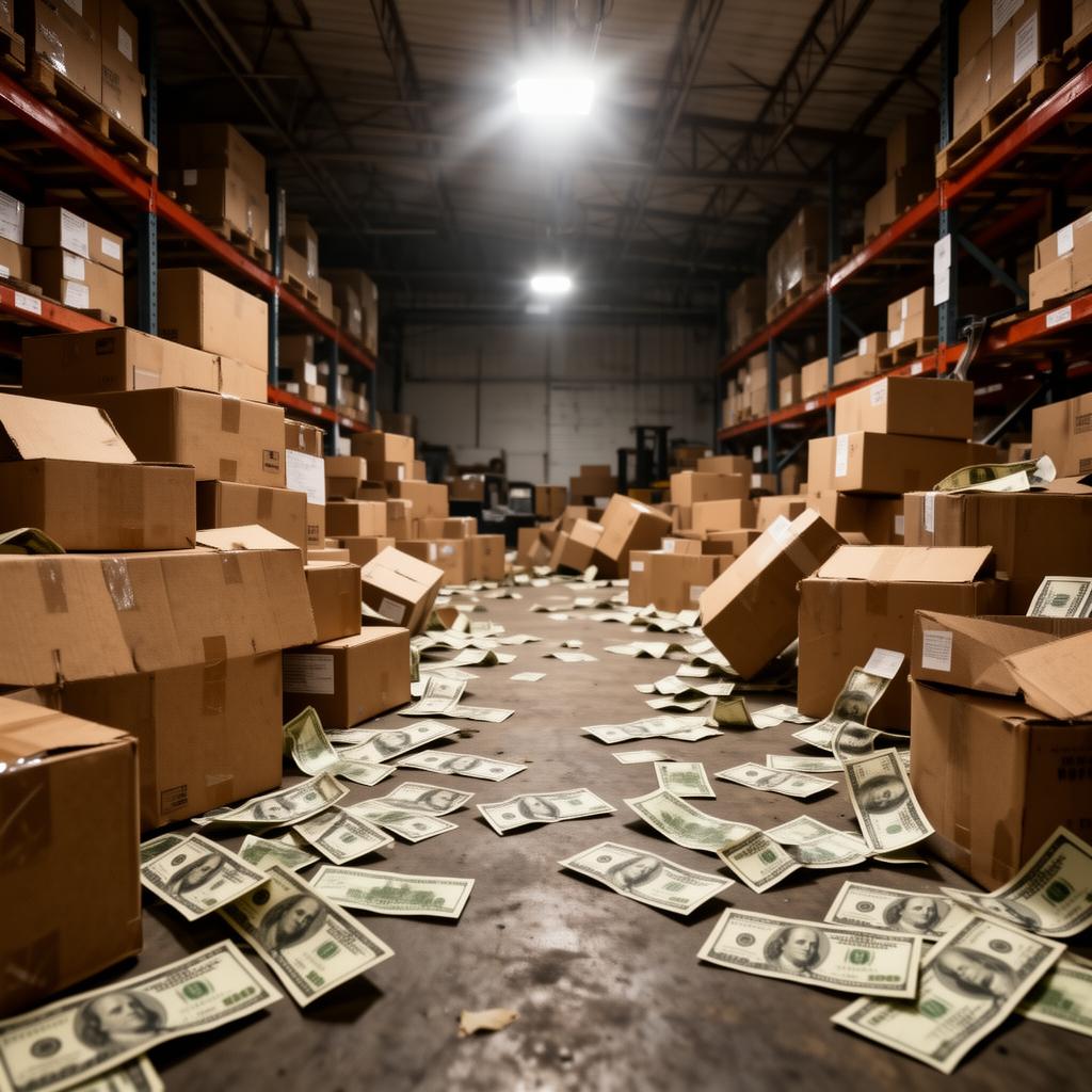 Disorganized warehouse with scattered cash representing inventory waste